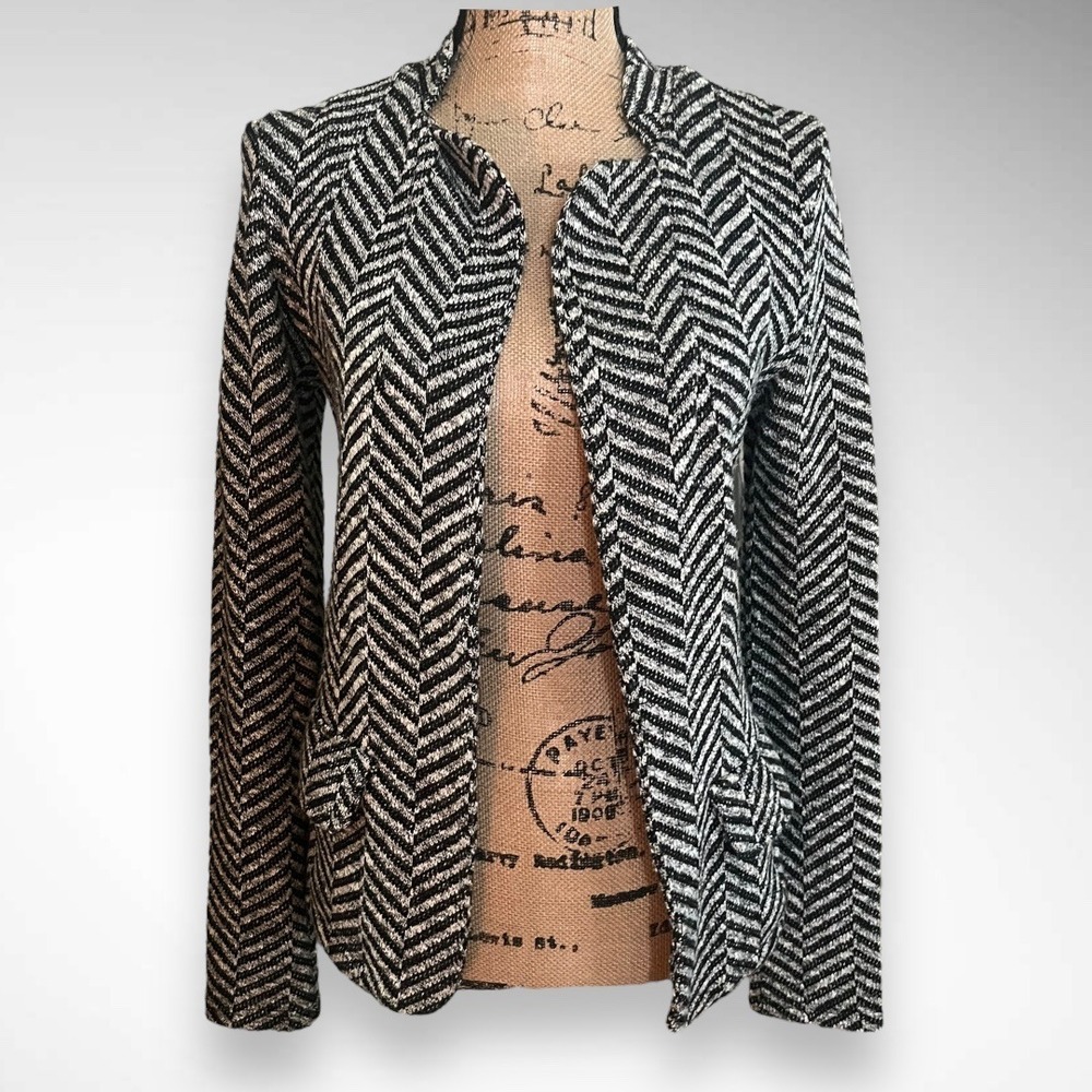 ANTHROPOLOGIE DOLAN‎ Black and Gray Herringbone Pattern Open Front Blazer XS